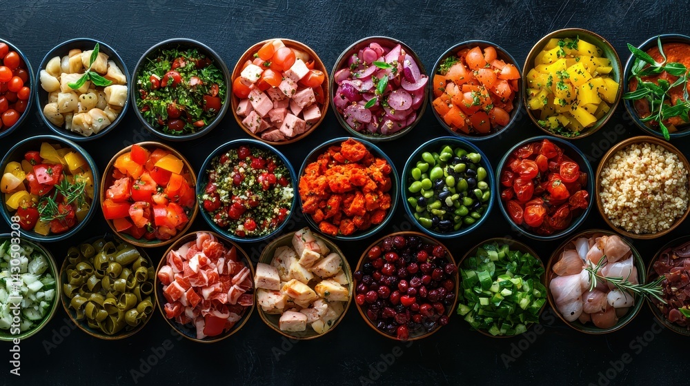 Colorful array of fresh ingredients arranged in bowls, showcasing a vibrant culinary display. Colorful array of fresh ingredients arranged in bowls, showcasing a vibrant culinary display.