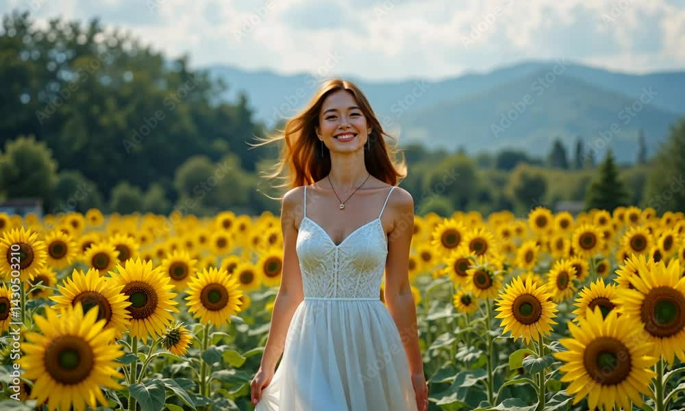 Happy young woman in white dress walking through sunflower field on a sunny day. Concept of summer joy and freedom Happy young woman in white dress walking through sunflower field on a sunny day. Concept of summer joy and freedom