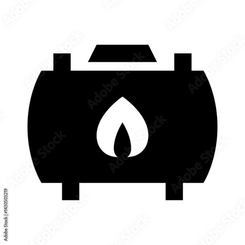 Illustration of a black gas tank with a white flame symbol in the center and supports on the side