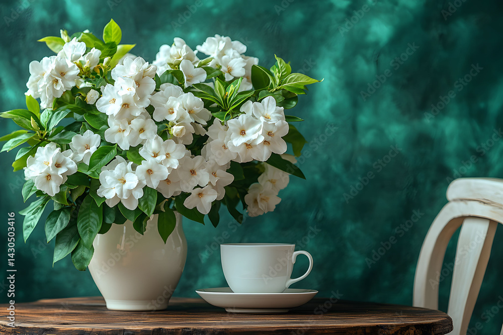 Fototapeta premium Elegant White Flowers in Vase with Coffee Cup on Wooden Table - Perfect for Home Decor and Spring Inspiration