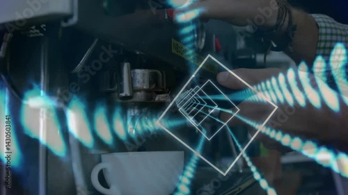 Barista hands locking portafilter into espresso machine above cup while digital blue trails flowing