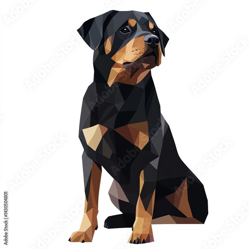 Majestic Rottweiler in Geometric Style, a Striking Low-Poly Canine Portrait Against a White Background