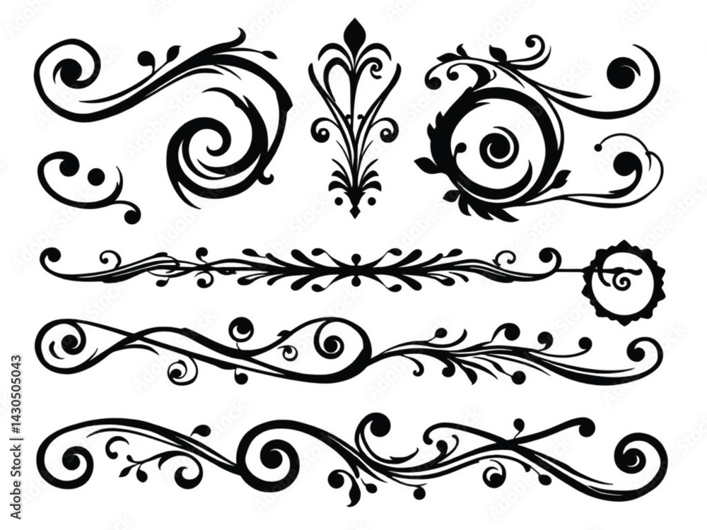Decorative Swirl and Spiral Vector Elements – Stylish Ornaments for Logos, Tattoos, and Invitations silhouette on white background Decorative Swirl and Spiral Vector Elements – Stylish Ornaments for Logos, Tattoos, and Invitations silhouette on white background