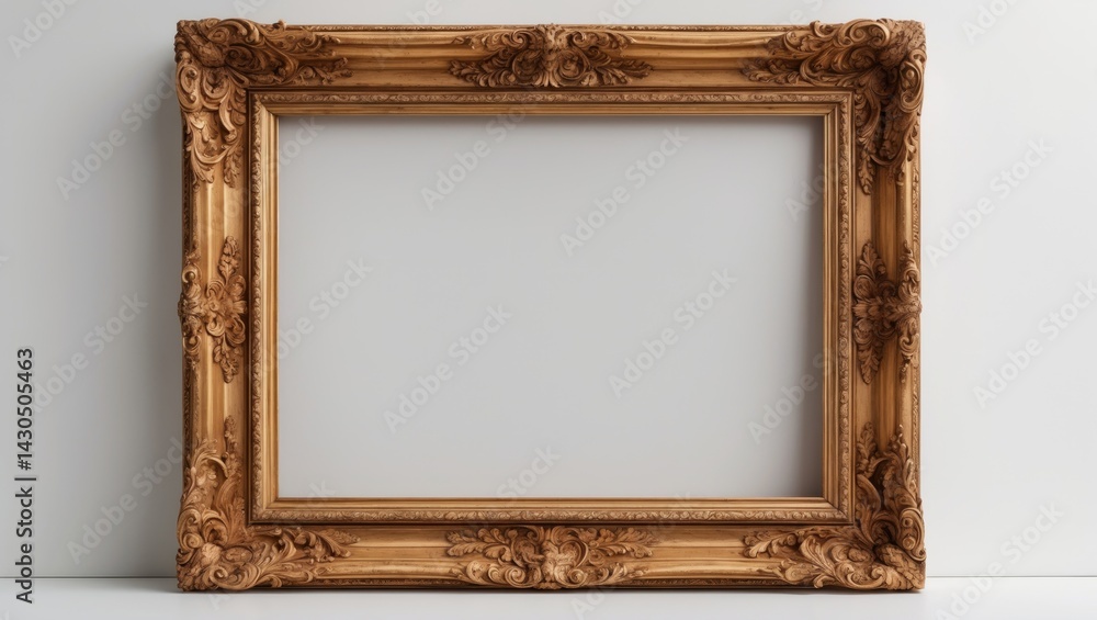 Fototapeta premium Gilded vintage rectangle mirror with ornate wooden frame on white background
