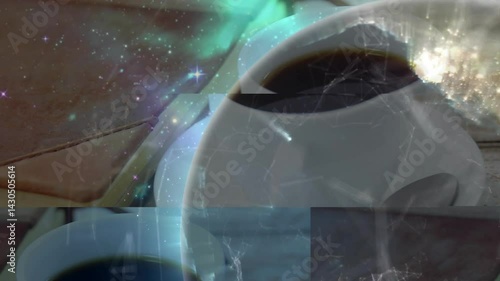 Flat design coffee cup swirling on wooden table with notebooks while starfield network expanding