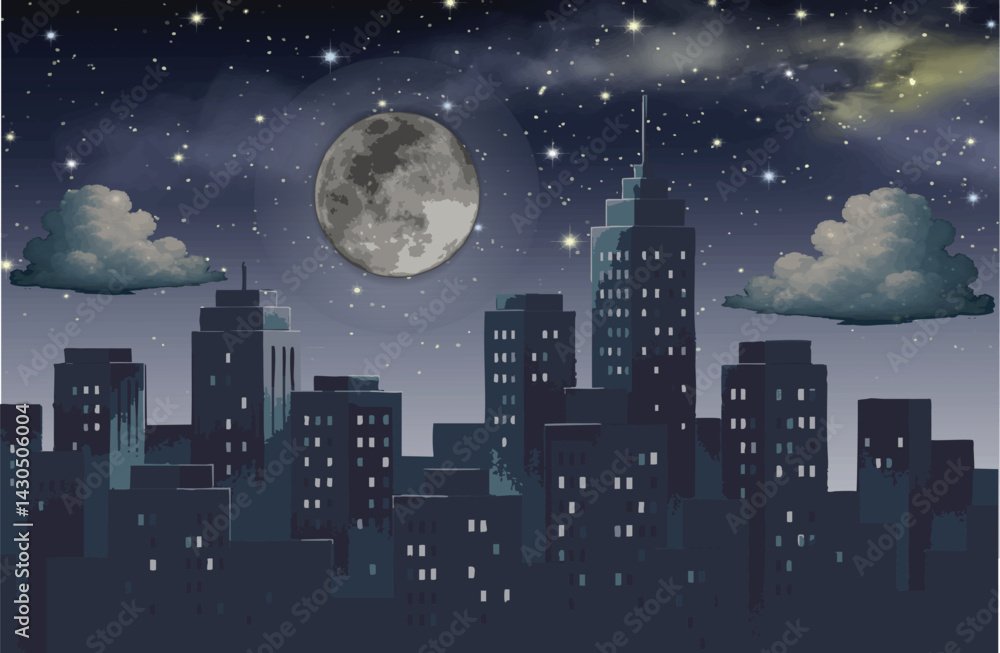Night cityscape with a full moon, starry sky, and tall buildings. Silhouetted buildings with illuminated windows under a serene lunar glow and scattered clouds. Night cityscape with a full moon, starry sky, and tall buildings. Silhouetted buildings with illuminated windows under a serene lunar glow and scattered clouds.