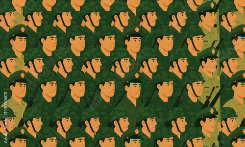 Seamless vector pattern of cartoon soldiers in green military uniforms and helmets, perfect for army-themed design, backgrounds, posters, and educational materials.