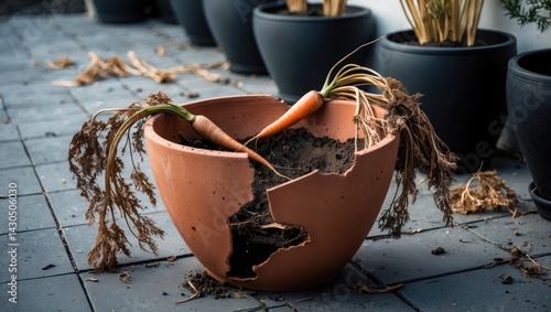 Wilted outdoor plants and dried carrot tops suffering from heat and neglect