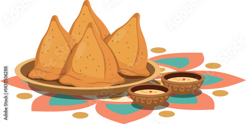 Indian samosas with dipping sauces and decorative plate vector illustration 