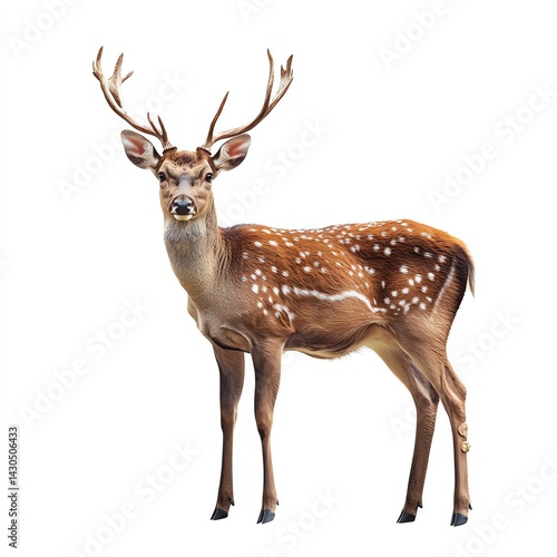 Majestic Spotted Deer Stands Proud, Antlers High Against a Pure White Background. A Captivating Image of Wildlife Beauty