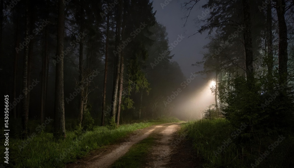 Fototapeta premium A quiet forest trail at night winds through dense trees, softly lit by a mysterious distant light shining through the fog.