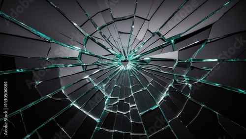 Cracked glass from a broken window against a black background