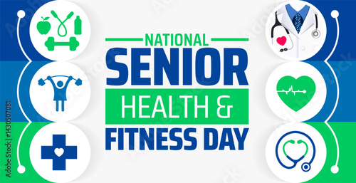 National Senior Health and Fitness Day background banner or poster design template. observed every year in May. Holiday concept. Use to any Template, card, poster, placard, template.