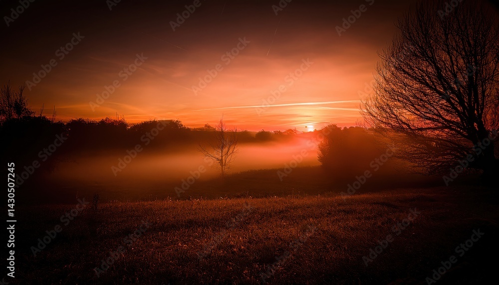 Fototapeta premium A glowing orange sunset casts warm light over a foggy autumn meadow, silhouetting leafless trees and creating a peaceful scene.