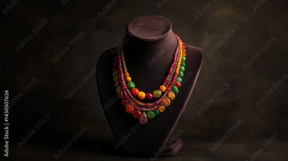 A luxurious necklace featuring a combination of rare and exotic gemstones, elegantly displayed on a velvet stand, A luxurious necklace featuring a combination of rare and exotic gemstones, elegantly displayed on a velvet stand,