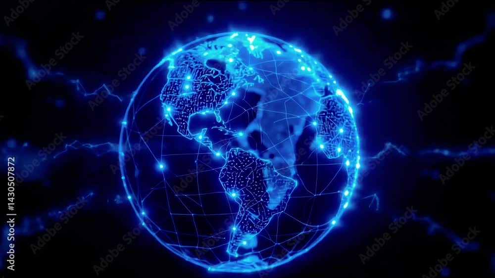 Blue digital globe concept with network connections and binary data streams against an abstract blue technology background resembling a plasma ball and planet earth in space