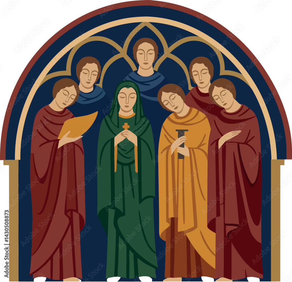 Naklejka premium Group of medieval monks in colorful robes standing in arched frame vector illustration 