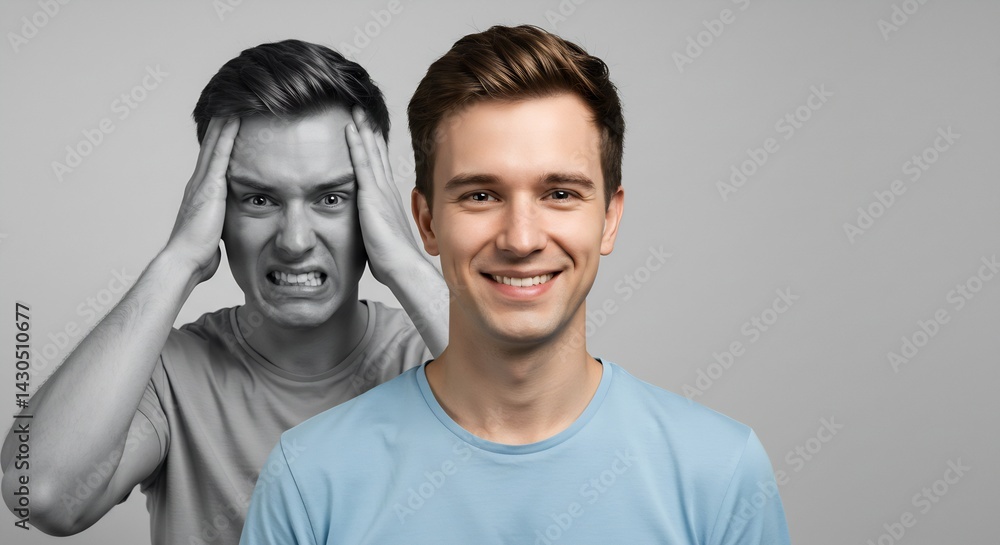 Obraz premium Overcoming Stress and Anxiety: A Split Image Showing a Man's Transformation from Distress to Happiness