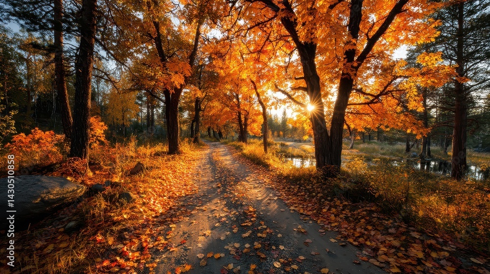 Obraz premium Forest path covered in colorful fallen leaves glowing with golden hour light peaceful seasonal landscape tranquil outdoor scene