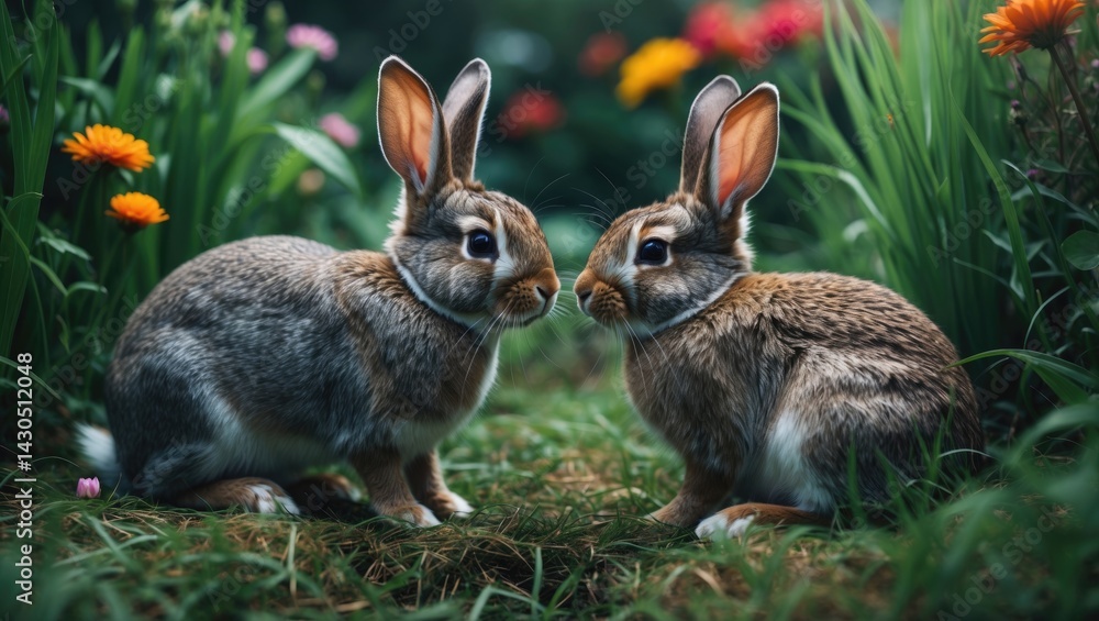 Fototapeta premium Close-up of two brown bunnies sitting on grass in a natural summer setting