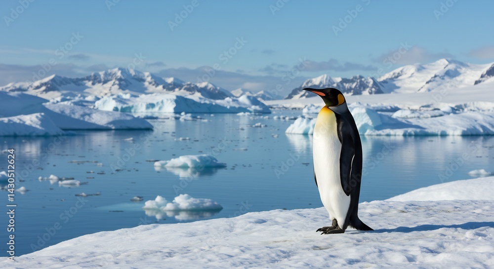 Obraz premium Majestic King Penguin Standing on Ice Floe in Antarctica with Mountainous Landscape Background