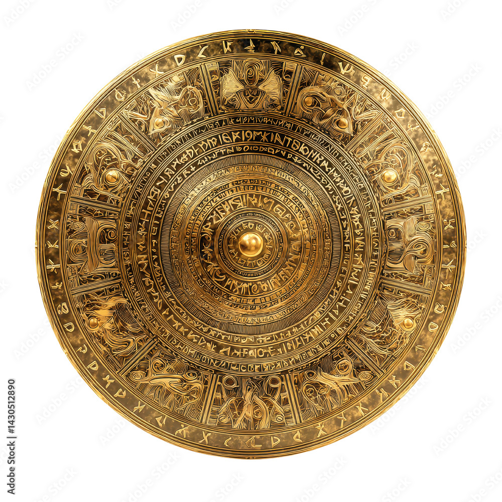 Ornate Ancient Golden Shield with Runes and Intricate Designs Ornate Ancient Golden Shield with Runes and Intricate Designs