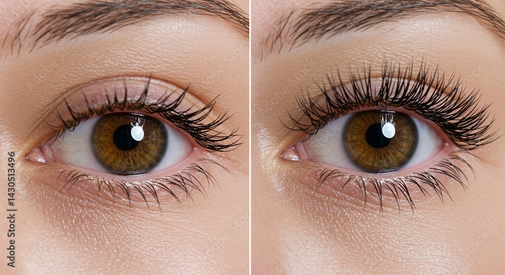 Obraz premium Hazel Eye Closeup Comparing Natural Lashes with Volumized Mascara Lashes Macro Detail