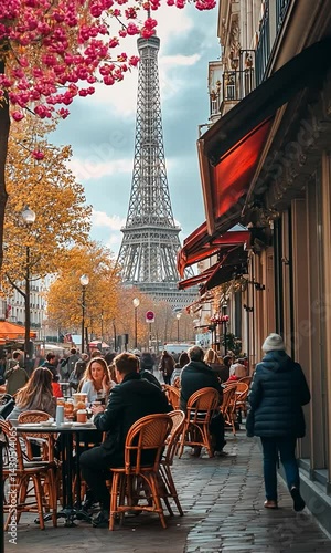 People enjoying a vibrant autumn day at outdoor cafes near the Eiffel Tower in Paris