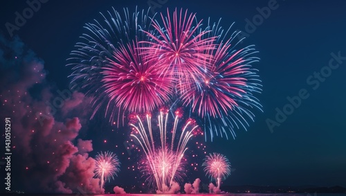Spectacular fireworks display celebrating a birthday under a night sky with bonfire and colourful explosions.