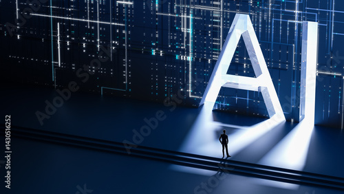 A Lone Figure Standing in Front of Large Illuminated AI Letters with a Digital Grid Background, Suitable for AI-related tech publicity scenarios