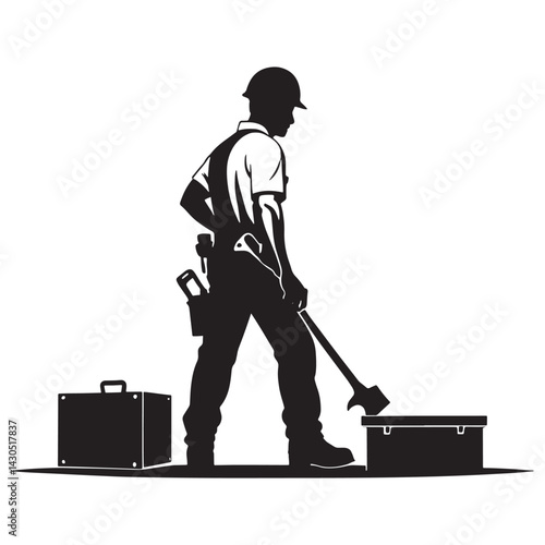 Silhouette of Construction Worker with Hard Hat and Toolbox Industrial Labor Icon