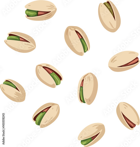 Pistachio nuts scattered illustration with natural beige and green colours vector food snack design 