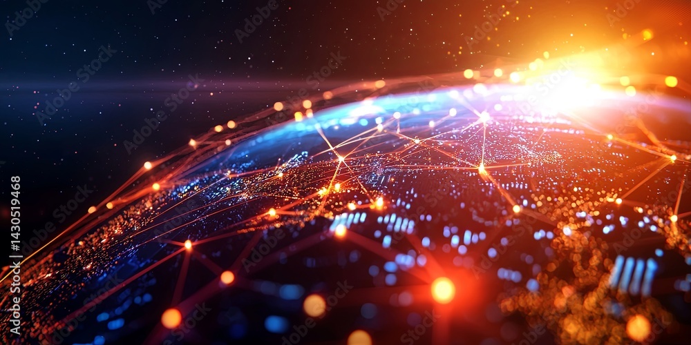 Obraz premium Futuristic Digital World with Connecting Lines and Dots Illustrating Global Networks and Technology Advances in Dark Background
