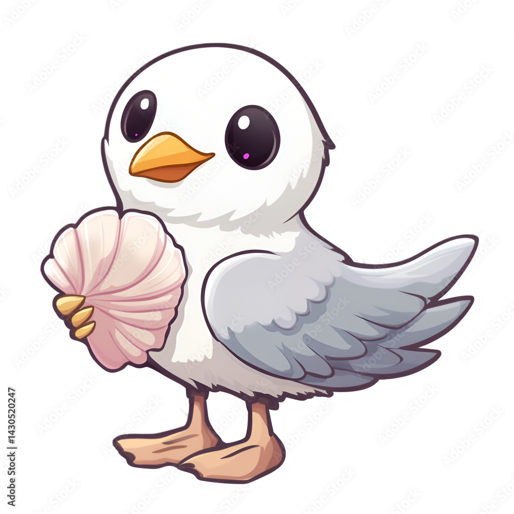 Fototapeta premium Cute cartoon bird holding a shell coastal beach illustration playful bright whimsical scene