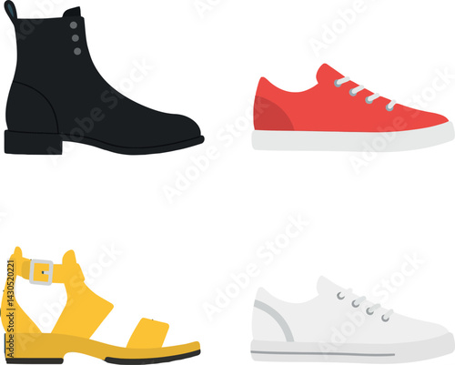 Various Types of Footwear Including Black Boot Red Sneaker Yellow Sandal White Sneaker Vector Illustration 