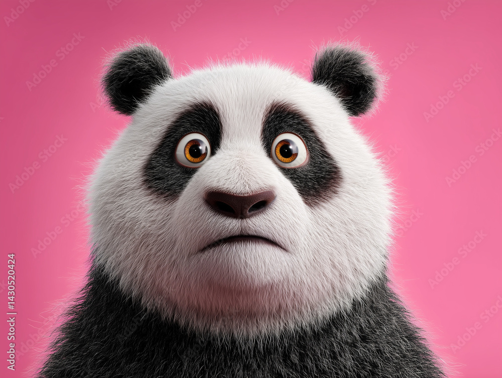 Fototapeta premium Wide-Eyed Cartoon Panda Against a Bright Pink Background
