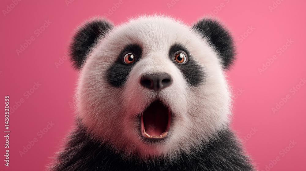 Fototapeta premium Surprised Panda With Open Mouth Against Pink Background
