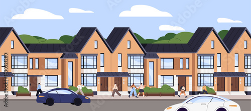 Neighbourhood of townhouses, semi detached houses in city, suburb with cars. Facade of compound buildings, condominium, attached condos, apartments. Modern architecture. Flat vector illustration