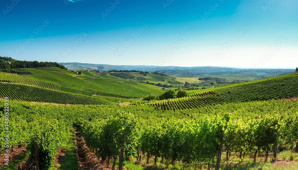 Fototapeta premium A lush vineyard landscape under a clear blue sky, showcasing rows of green grapevines across rolling hills.