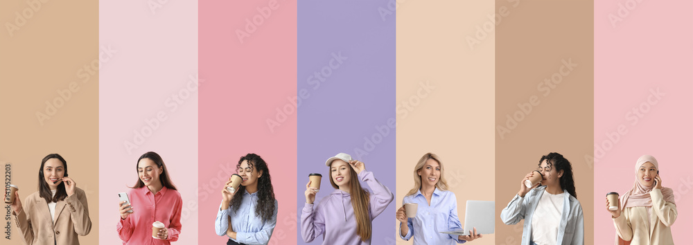 Fototapeta premium Set of many women drinking coffee on color background