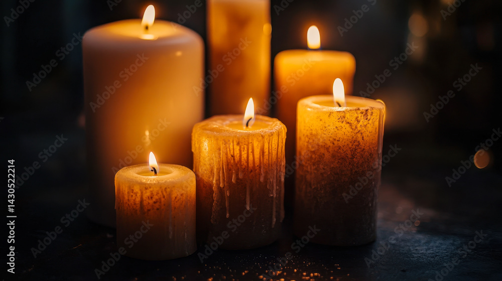 Rustic candles illuminate a cozy space with varying heights and melted wax textures in the dark Rustic candles illuminate a cozy space with varying heights and melted wax textures in the dark