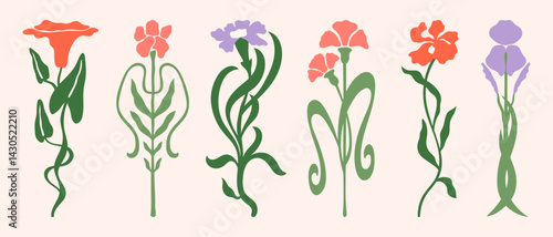 Art Nouveau style flowers vector illustrations set. Vintage elegant florals clipart