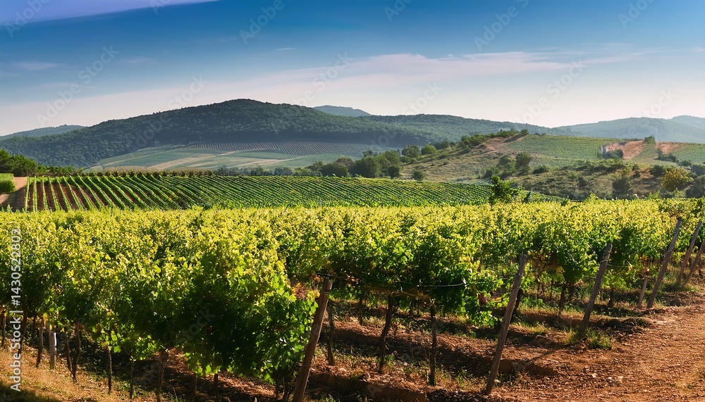 Obraz premium A picturesque vineyard landscape featuring lush grapevines, rolling hills, and a clear blue sky, capturing the essence of winemaking and natural beauty.