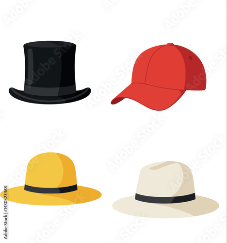 Variety of colorful hats including black top hat red baseball cap yellow sun hat and white fedora vector illustration 