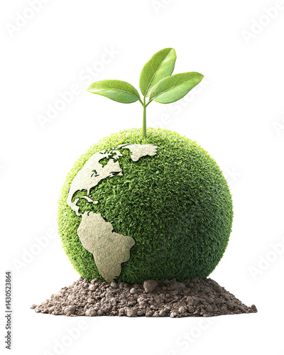 Green globe with plant sprouting from soil, symbolizing growth and sustainability.