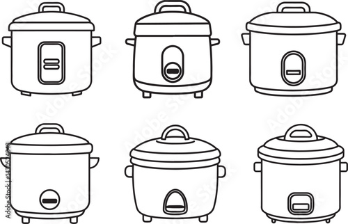 set of rice cooker line art, black outline, vector and illustration, coloring book page line art drawing