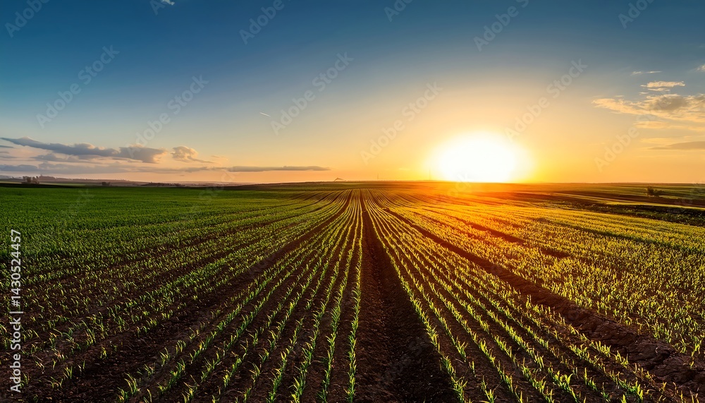A serene landscape featuring rows of crops under a vibrant sunset, highlighting the beauty of agriculture and nature. A serene landscape featuring rows of crops under a vibrant sunset, highlighting the beauty of agriculture and nature.
