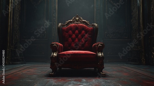 Ornate red velvet throne in dark room
