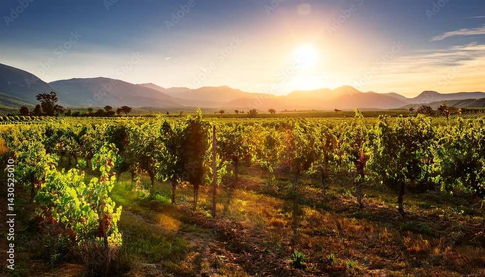 Fototapeta premium A picturesque vineyard at sunset, surrounded by mountains, showcasing rows of grapevines basking in warm light.