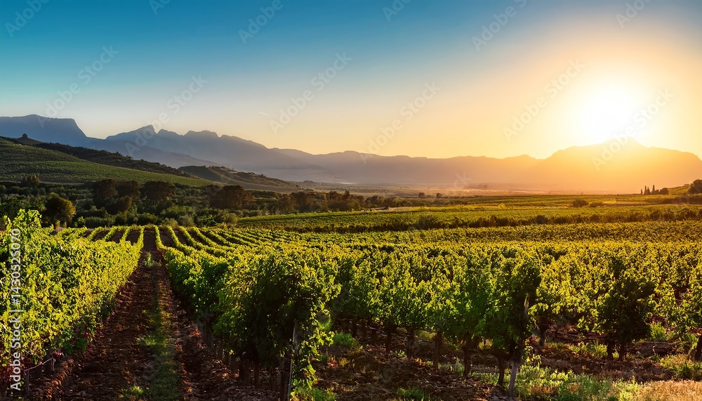 Naklejka premium A picturesque vineyard landscape at sunset, featuring rows of grapevines, mountains in the background, and a warm golden glow illuminating the scene.